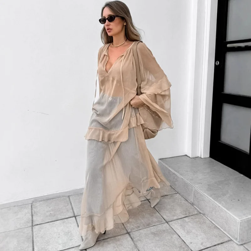 

Khaki Autumn and Winter New Batwing Sleeve Dress2025Fashion Wholesale Sun Protection Blouse Long Dress for Women