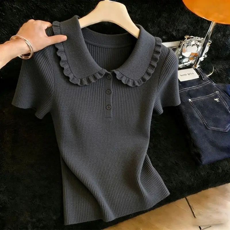 Women's Sweet Knitted T Shirts Peter Pan Collar Short Sleeve Camisetas Solid Color Casual Summer Tshirt Tops Chic Korean Tees