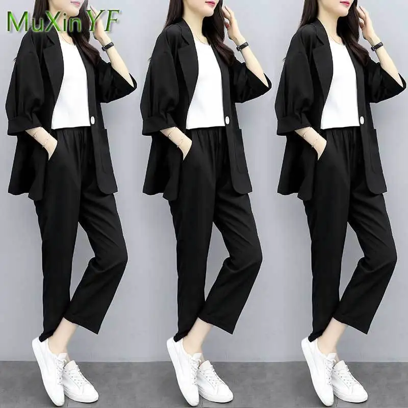 Conjunto de calças e blazer fino solto de duas peças para mulheres, terno casual, jaqueta e calça, conjunto de combinação elegante, coreano,