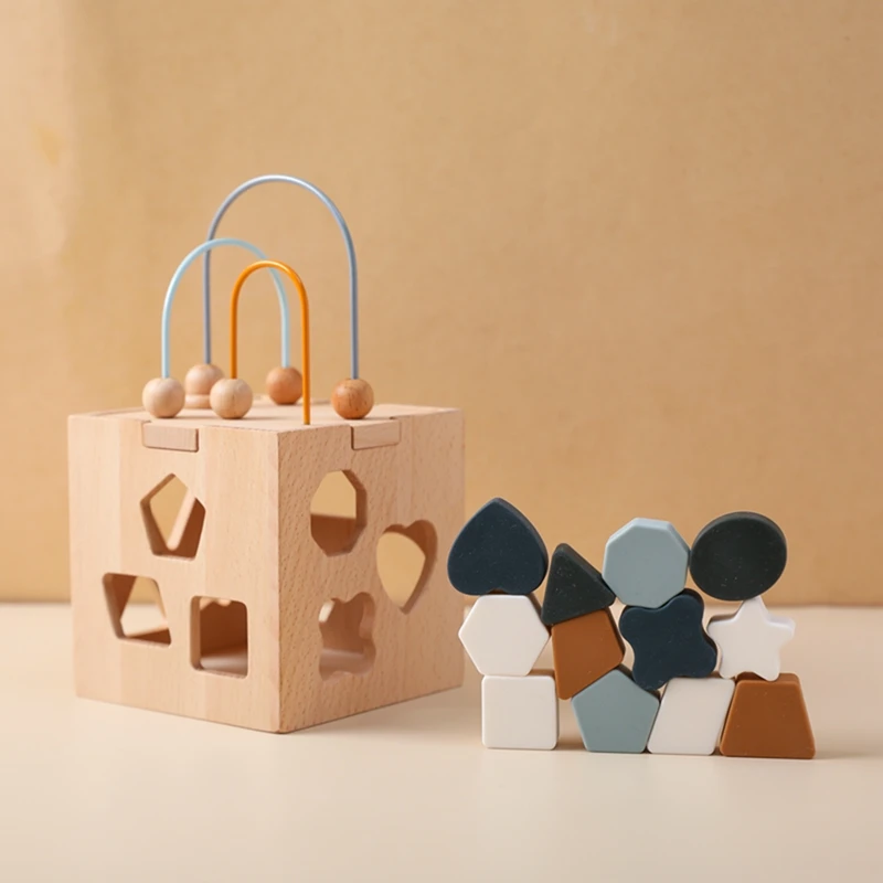 Baby Wooden Montessori Toys Silicone Geometric Shape Blocks Shape Matching Stacking Toys Wooden Box Education Puzzle Infant Toy