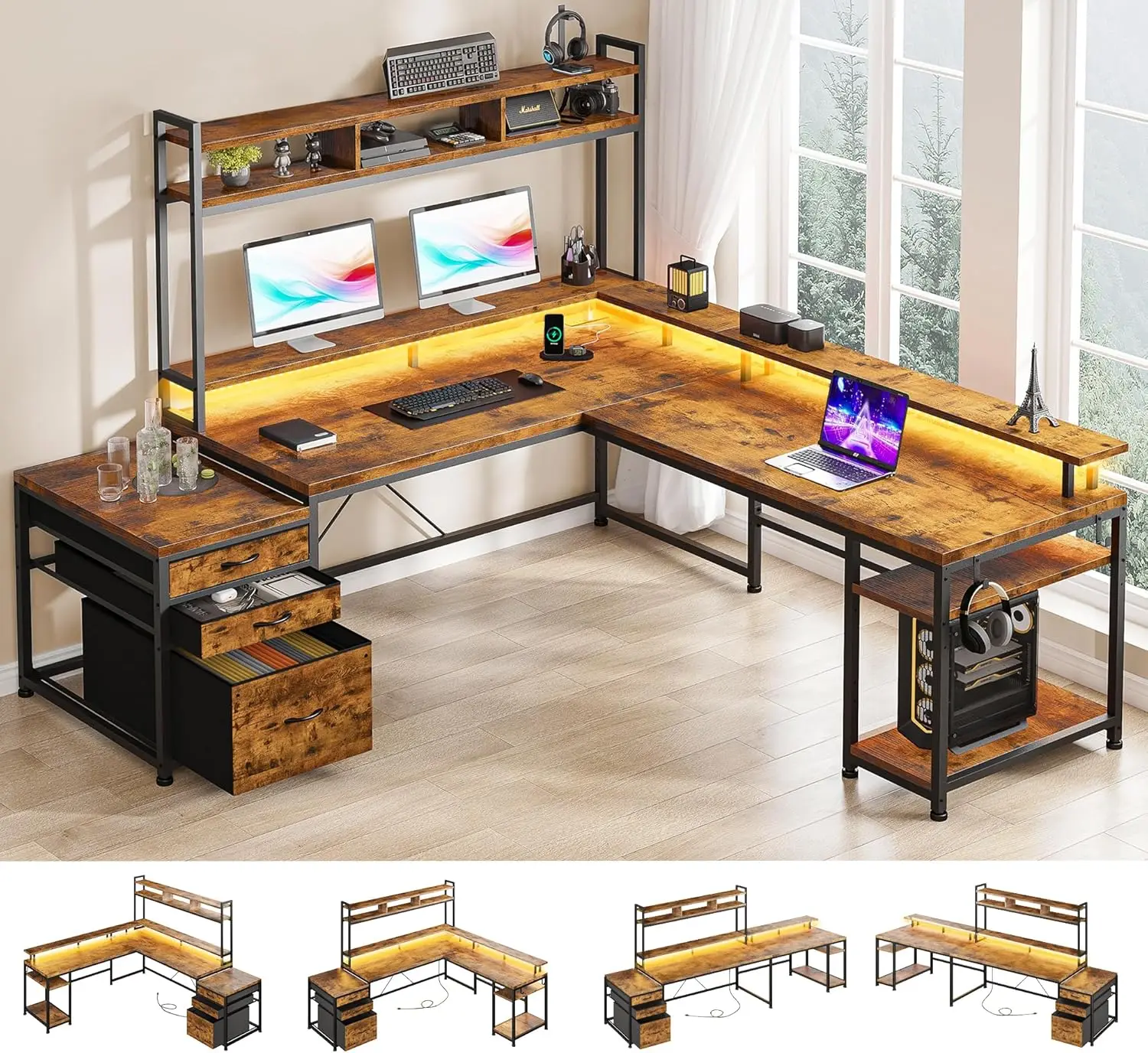 EnHomee L Shaped Desk with Drawers Large L Shaped Gaming Desk with LED & Storage Shelf Reversible Gaming Desk