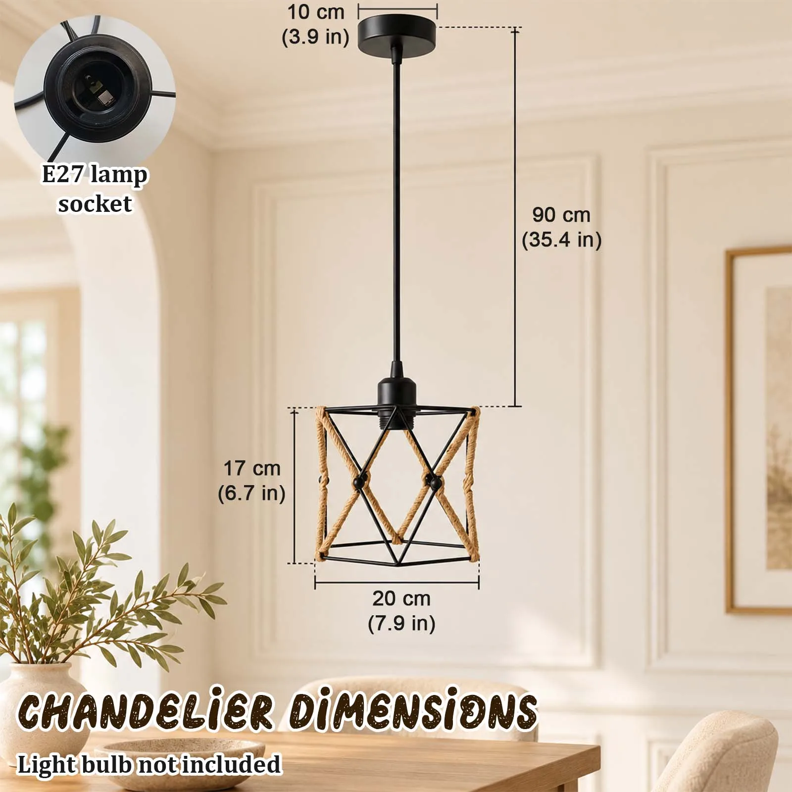Pendant Lamp, Black Diamond Cage Rope Light, Edison Bulb, E27, Vintage Farmhouse, Dining Room Cafe Bar