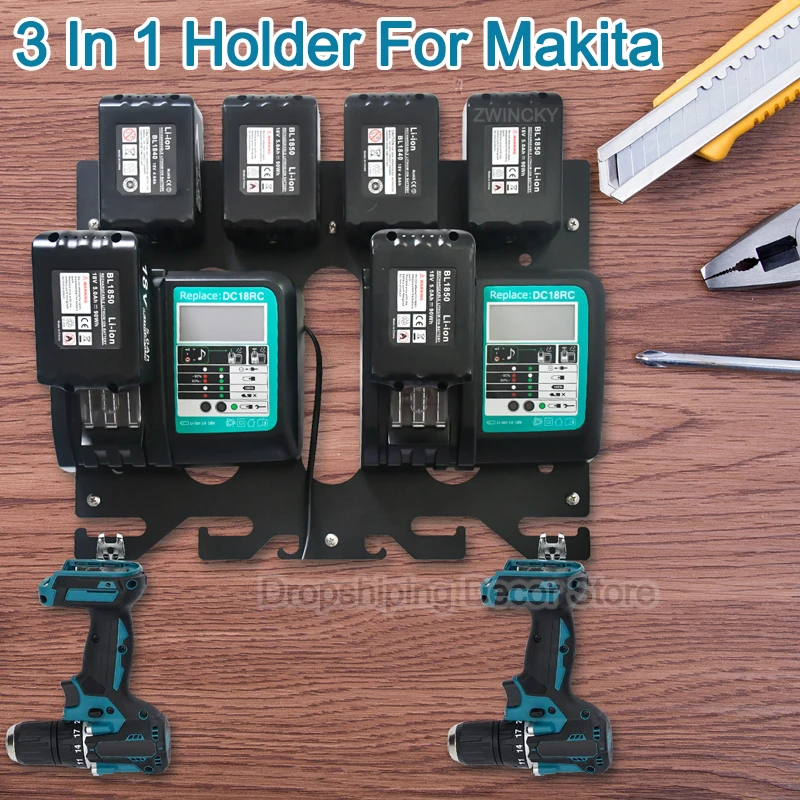 3 In 1 Wall Mount Storage Holder For Makita Battery Tool and Charger, Battery Bracket Tool Holder Charger Holder for Makita 18V