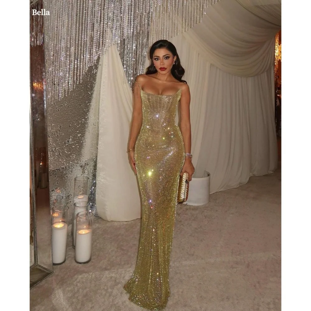 

Bella Индивидуальные вечерние платья Golden Mermaid Sequi на тонких бретельках с открытой спиной, вечерние платья длиной до пола, платье для выпускного вечера без бретелек