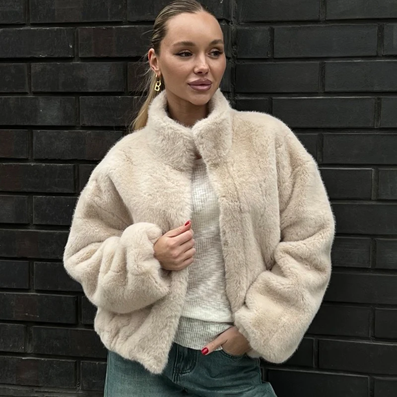 Tuularose Stand-Collar Fur Coat Women's Plush Loose Thickened Autumn Winter Zipper Coat Lady Soft Comfortable Casual Simple Coat