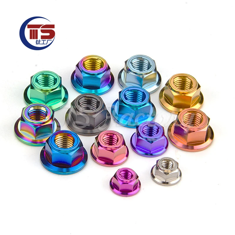 

TS 10PCS Titanium Flange Lock Nut M5 M6 M8 M10 TC4 Titanium Alloy Anti-Locking Screw Cap with Gasket