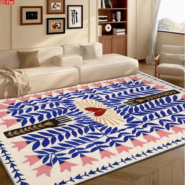 Bohemian Style Floral and Heart Pattern Carpet Flooring for Living Room Bedroom Non Slip Washable Soft Floor Mat
