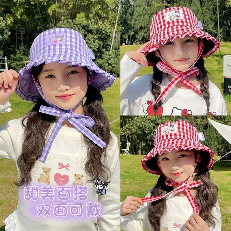 سانريو الأطفال صياد قبعة مرحبا كيتي كورومي Kawaii ظلة قبعة كبيرة حافة Upf الكرتون الترفيه التطريز شعرية فتاة قبعة