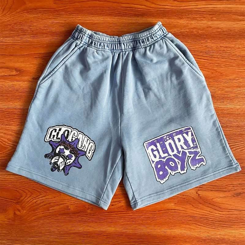 Vinatge Washed Blue Glo Gang Shorts Graffiti Cartoon Beverage Square Pixel Print Elastic Waist Terry Pants Men Women Streetwear