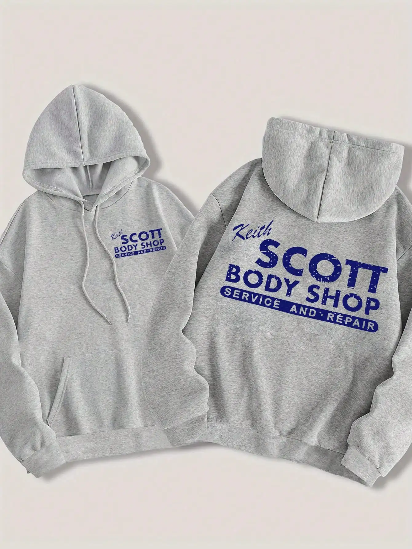 

Oversized Grey Hooded Sweatshirt with Blue Letter Print, Loose Fit Casual Pullover for Fall