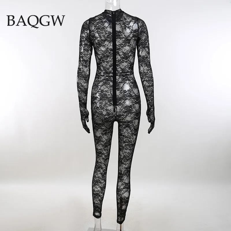 Mesh Sheer Hollow Out Long Sleeve Sexy See Through Skinny Exotic Jumpsuit Bodycon Summer Women Outfit Night Party with Gloves