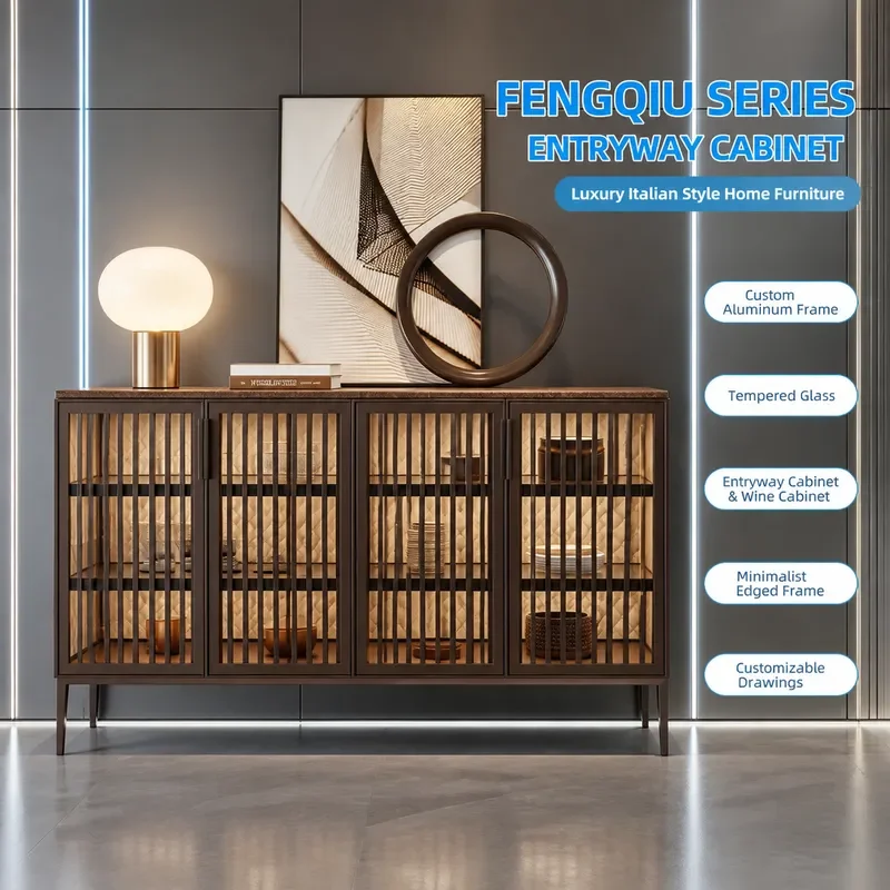 Glass Display Cabinet Aluminum Alloy Solid Wood Wine Storage Showcase for Living Room Entrance Hall Customizable Entryway