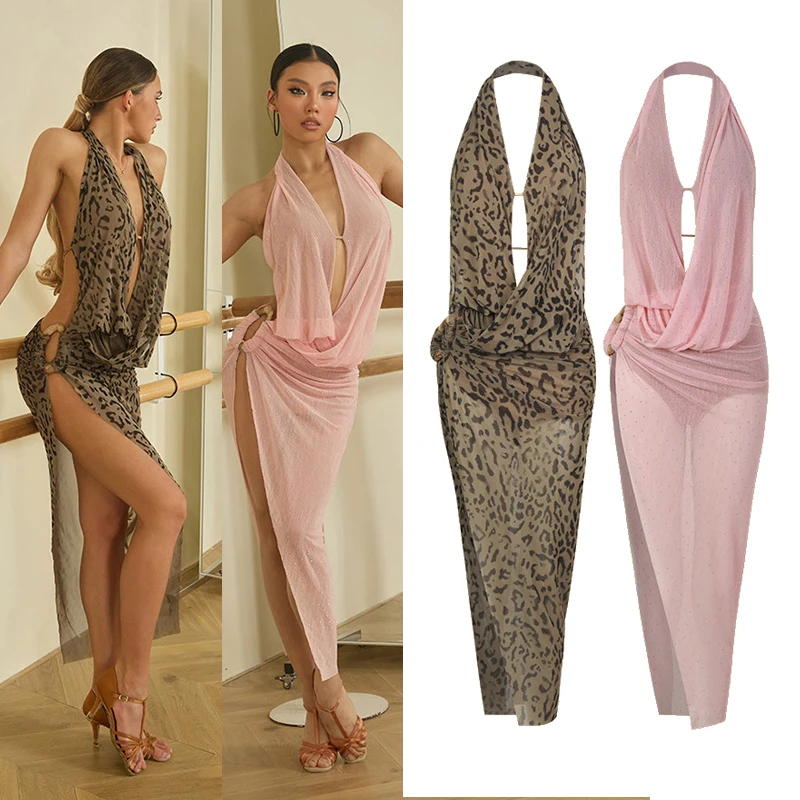 Latein-Tanzkleid ZYM Sexy Tanzkleidung für Damen, rückenfrei, Netzstoff, rosa, Leopardenmuster, langes Kleid mit Schlitz, Tango-Tanzkostüm, Übungskleidung NV27290
