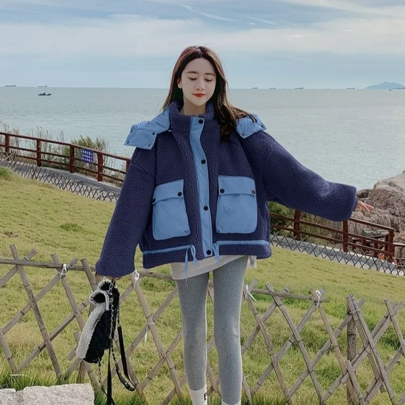 Bomjamba Lamb\'s Wool Winter Women Jackets Coat Vintage Thickened Warm Cotton Coat Cotton Clothing Y2k Casual Short Hooded Jacket