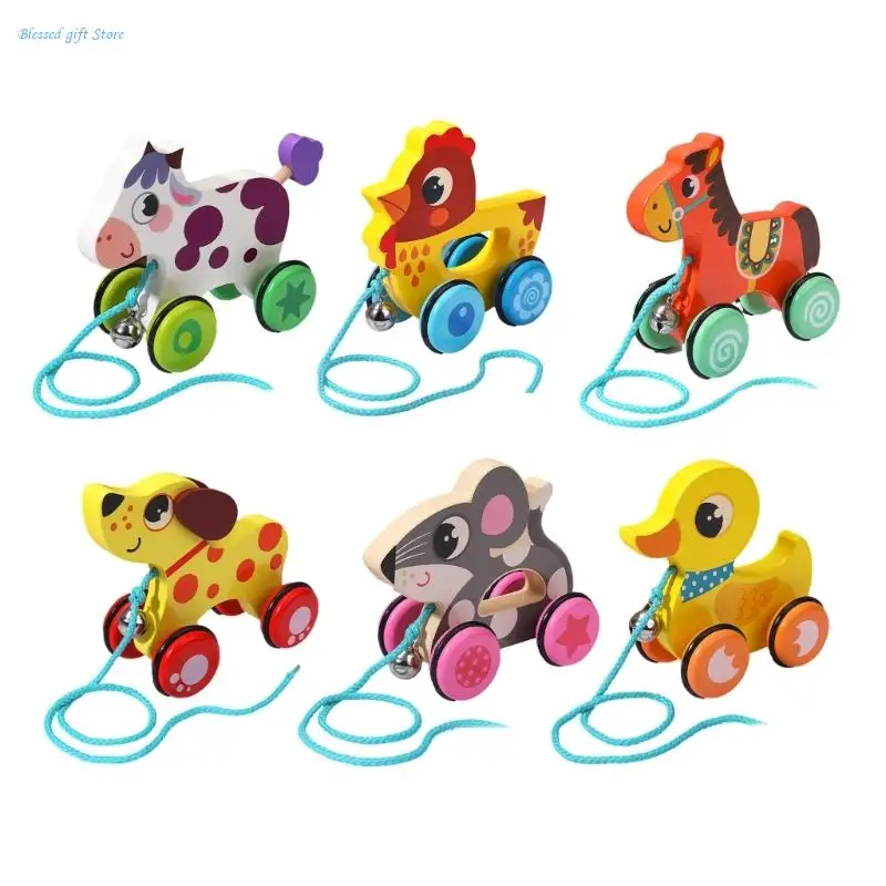 Portable Cartoon Animal Pull Along Toy for Toddlers Develop Walking and Skills Pull String Car with Small Bells