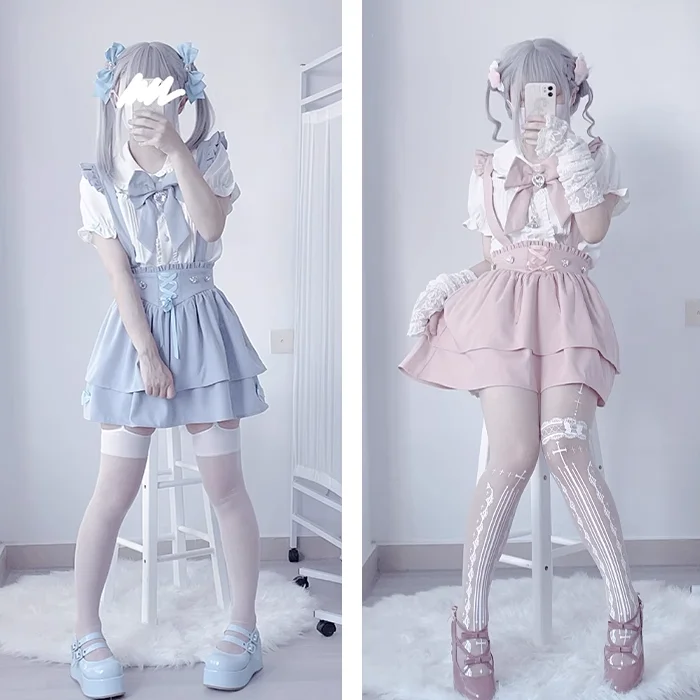 

2026 Summer Fashion New Japanese Sweet Kawaii Tops Lace Women Short Sleeve with Waist Slim Fit Mini Skirt Set Princess Bow Suit