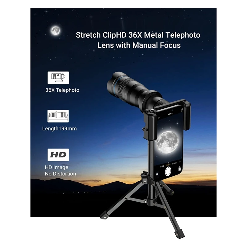 External Telephoto Phone Camera Lens Telephoto Lens 36X Optical Magnification With Tripod And Phone Clip