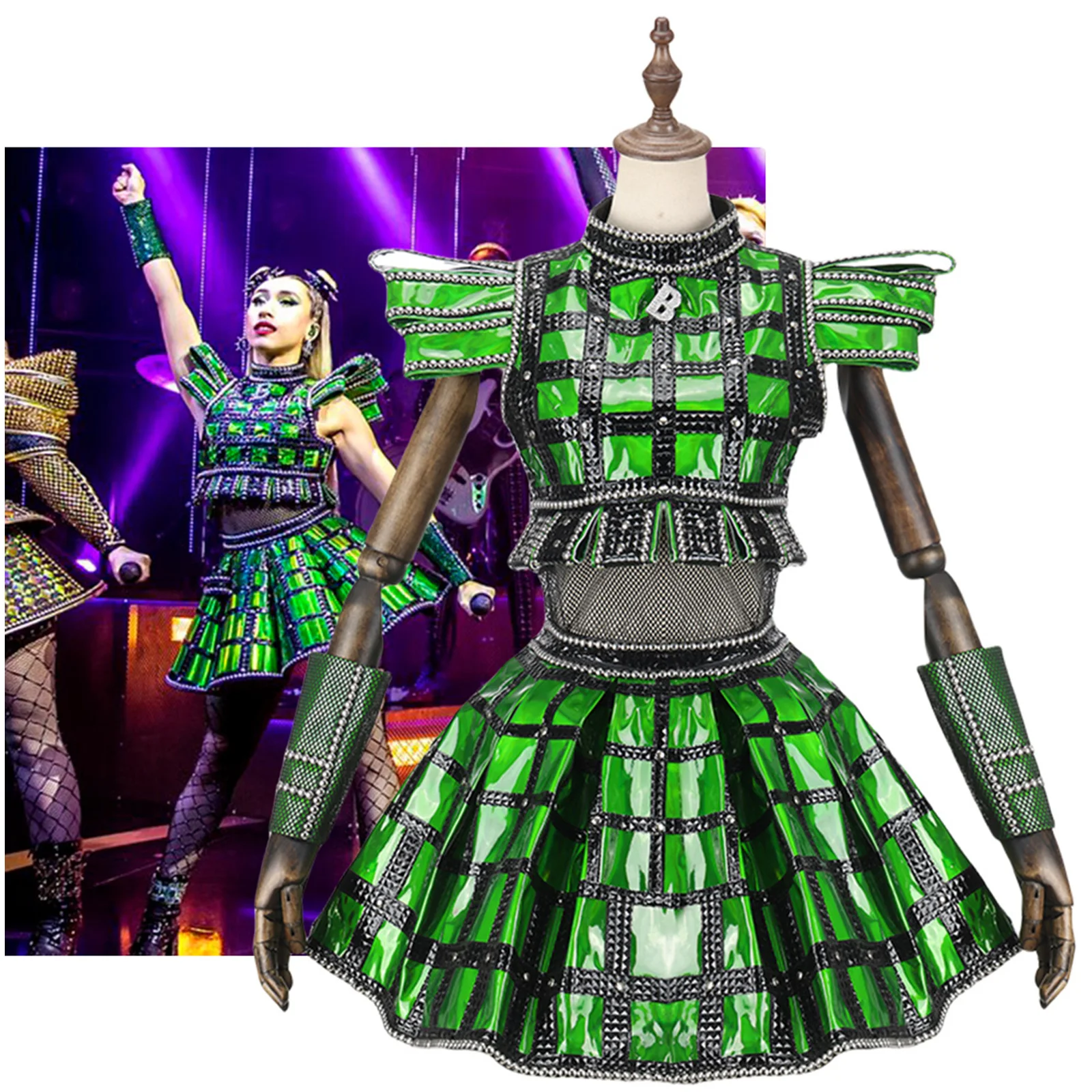 

Anne Boleyn Cosplay Costume Green Top Skirt Wrist Guard with Socks Full Set for HalloweenParty