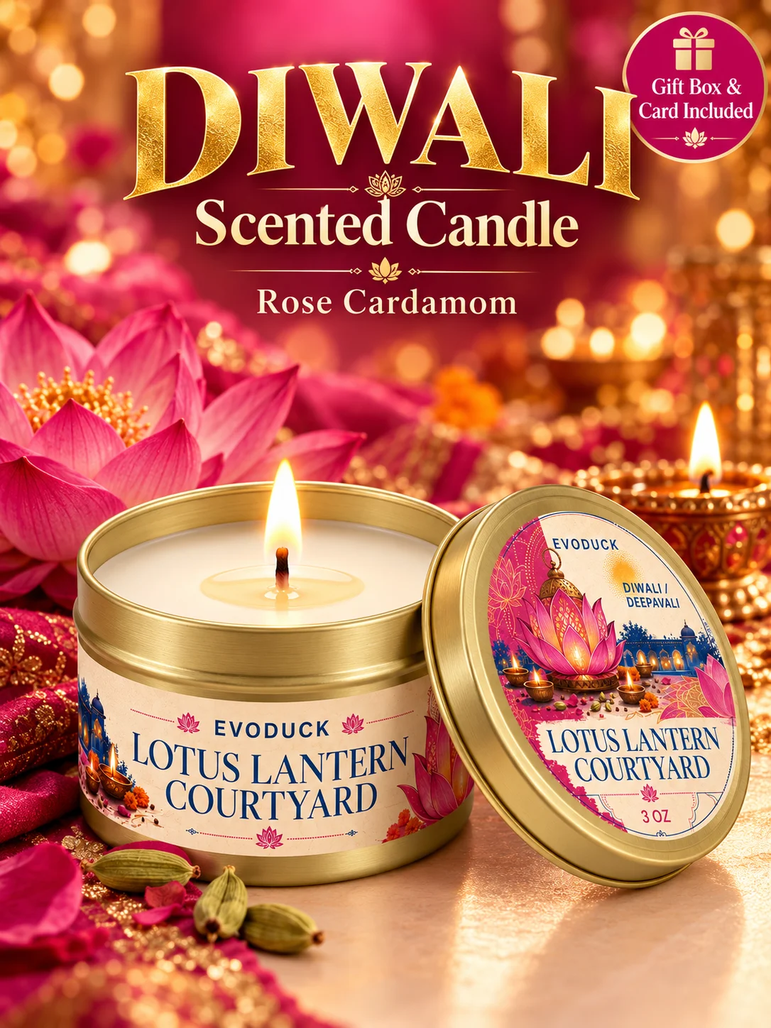 1pc Diwali Candle Rose Cardamom Scented Tin Candle 3oz with Gift Box and Card, Lotus Deepavali Festival of Lights Gift for Women
