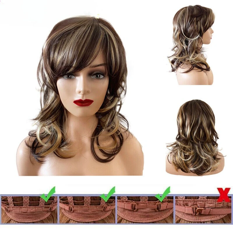 

Brown Curly Wig for Women Girl Synthetic Wigs with Inclined Bangs Natural Wig US