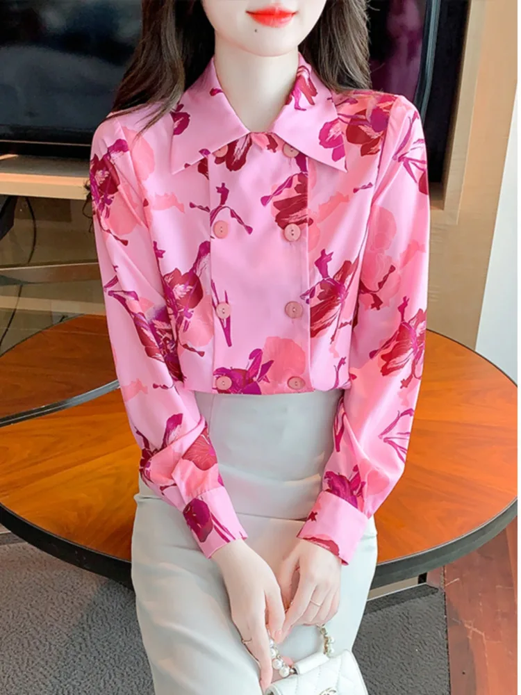 #3139 Pink Chffion Shirts Women Double Breasted Office Shirt Long Sleeve Vintage Printed Ladies Tops And Blouses Spring Autumn