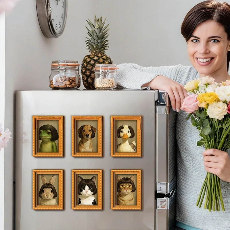 Mini Wooden Photo Frame Cat Fridge Magnet Funny Dog Duck Rabbit Haircut Fridge Magnet Modern Kitchen Decor Refrigerator Ornament