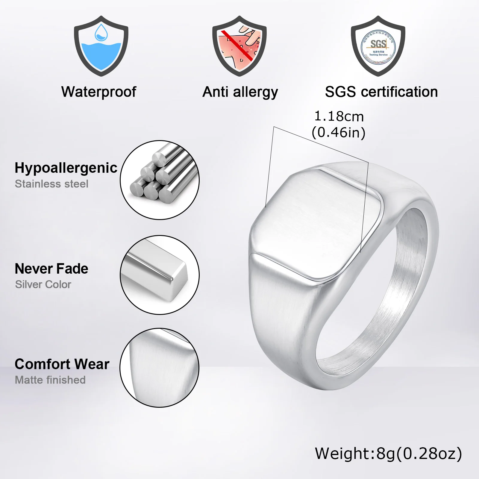 남성 여성을위한 실버 컬러 스퀘어 인장 반지, 브러시 스테인레스 스틸 링 밴드 링, 기본 Chunky Ring Thumb Ring