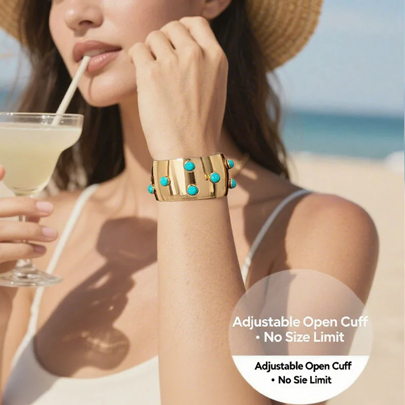 

Golden Wide Opening Bracelet with Adjustable Loop Closure Niche Design Bracelet Women's Bohemian Fashion Set with Green Stone