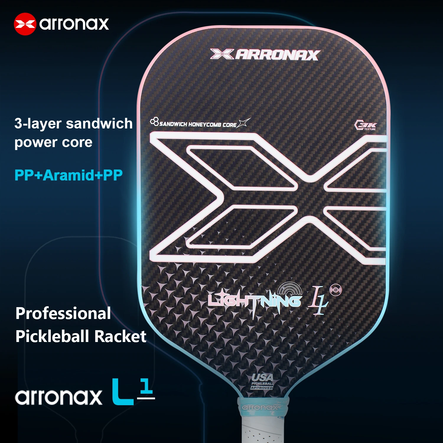Arronax Gen 3 Training Pickleball Racket USAPA Approved 3K Carbon Paddle With 3-Layer Core and PP Aramid Fiber Thermoformed PP