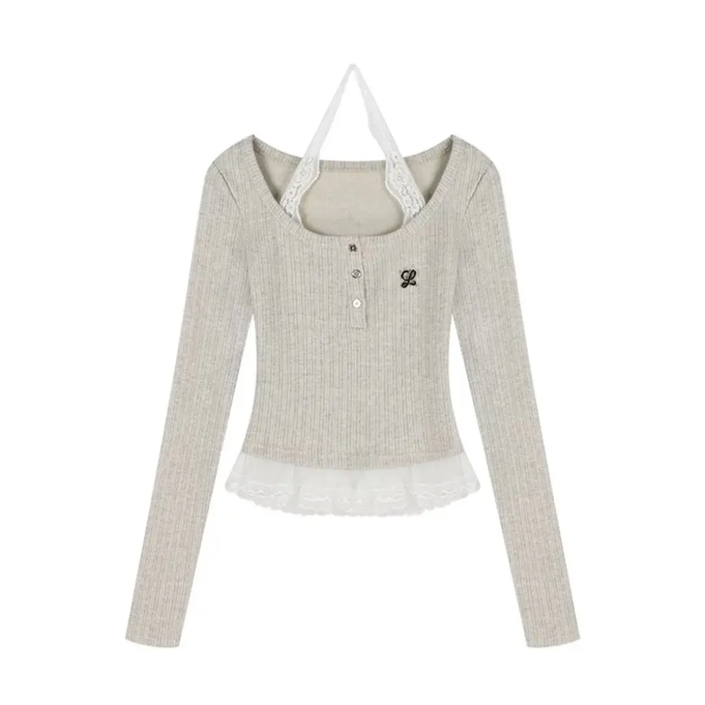

Women's Ballet Style Long-Sleeved Knitted Top Chic Early Autumn Lace Short Shirt Sweet Hot Neck Two-Piece Base