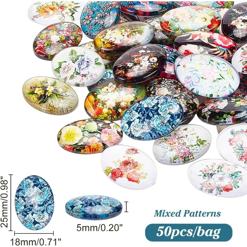 50pcs Oval Glass Cabochons 25x18mm Flower Printed Glass Cabochons Vintage Mixed Color Mosaic Tile for Craft Photo Pendant
