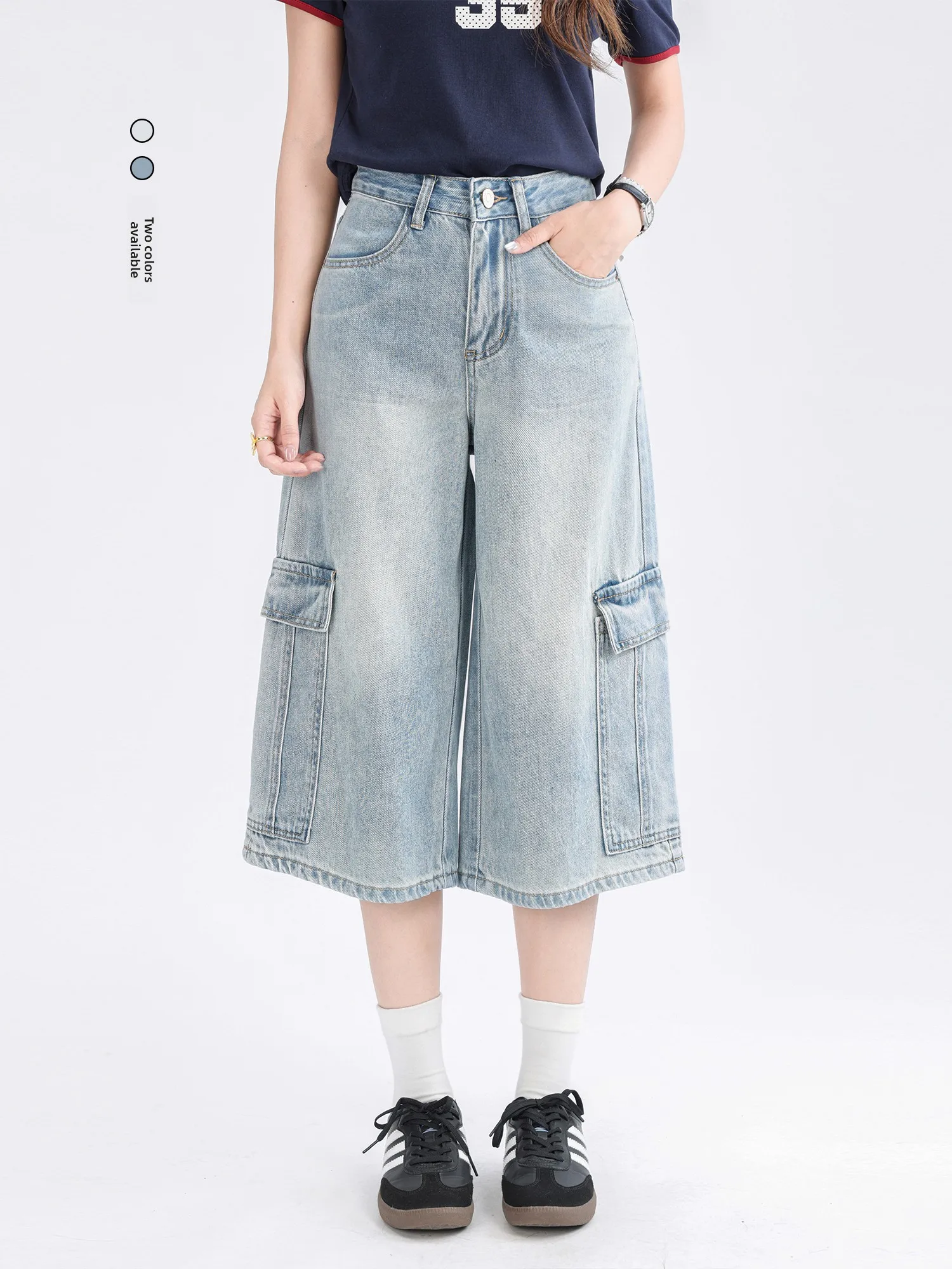

Sweet Korean Sle High Waist Wide Leg Jeans Light Blue Vintage Workwear Casual Seven Inch Pants Summer Women's Jeans