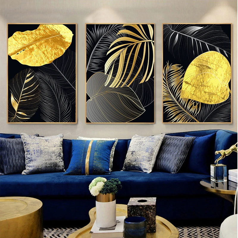 

3Pcs/Set Abstract Plant, Golden Black Leaf Canvas Poster Wall Art Print Modern Living Room, Dining Room and Home Decor Frameless