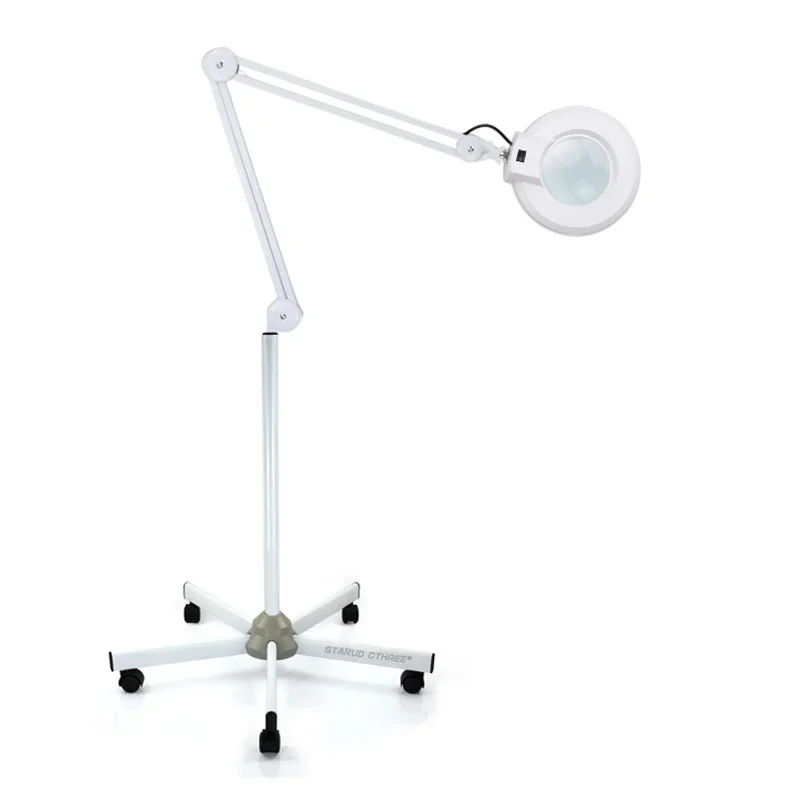 Floor Standing LED Magnifying Lamp, 5 Wheel Rolling Base Adjustable Swing Arm Magnifier Light for Beauty Salon Skin Inspection