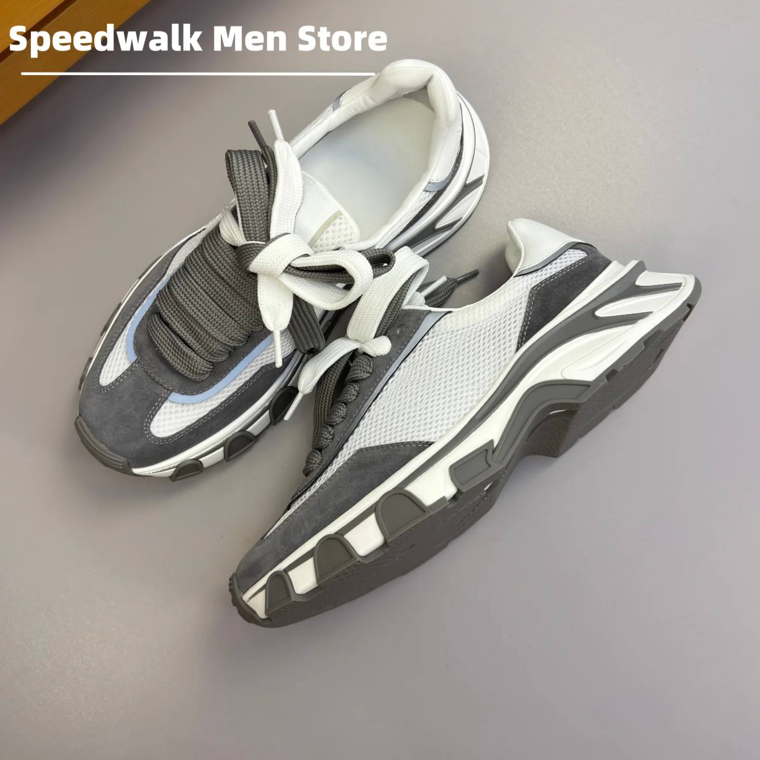 2026New Men Women Patchwork Leather Mesh Platform Trainers Wide Lace Up Cushioned Comfort Streetwear Casual Dad Sneakers