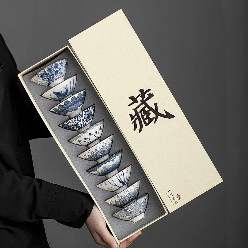 10 Pcs/Set Blue And White Porcelain Tea Bowls Small Ceramic Kung Fu Teacups Vintage Single Master Cup With Gift Box Teaware Set