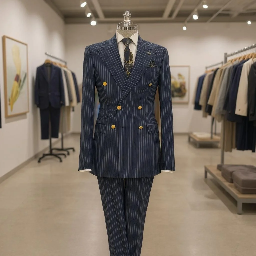 Pinstriped Double Breasted Men Wedding Suits Peaked Lapel Groom Tuxedos Business Party Blazer with Pants Costume Homme