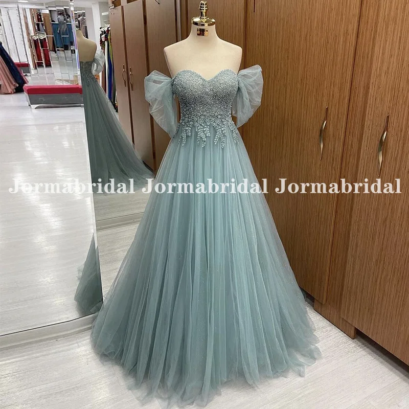 Vestido verde polvoriento de princesa para niña, vestido de fiesta de cumpleaños con apliques de cuentas de ilusión, tul brillante sin hombros