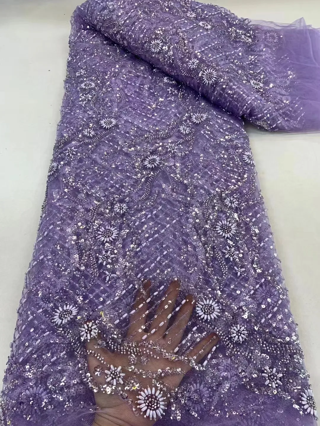 

Purple African Handmade Beads Laces Fabrics Luxury Nigerian Sequins Mesh Lace Fabric 5Ya African Fabrics For Women 2024