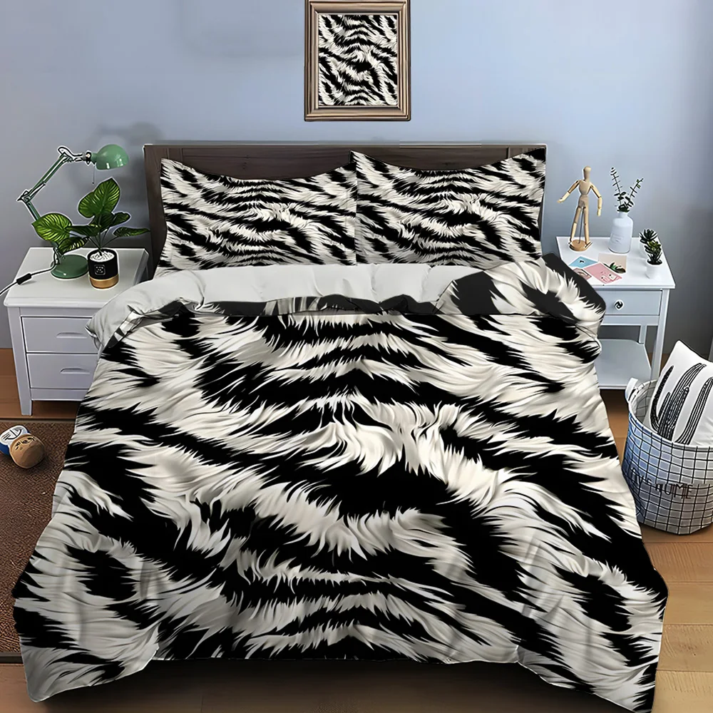 

Black white abstract fur pattern Bedding Set for Kids Luxury Gift 3pcs Digital Print Comforter Set Soft Comfortable Breathable