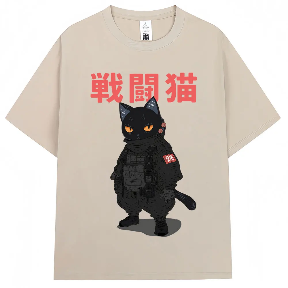Japanese Style Combat Black Cat Graphic Print T Shirts Men Women Fashion Vintage Short Sleeve Oversized Cotton Tees Streetwear