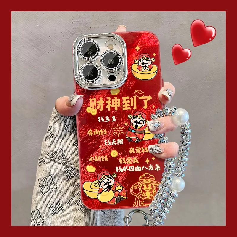 Red Cartoon God of Wealth Phone Case with Hanging Rope Bracket for iPhone 16 Pro Max 16 Plus 15 14 13 12 11Pro Protective Case