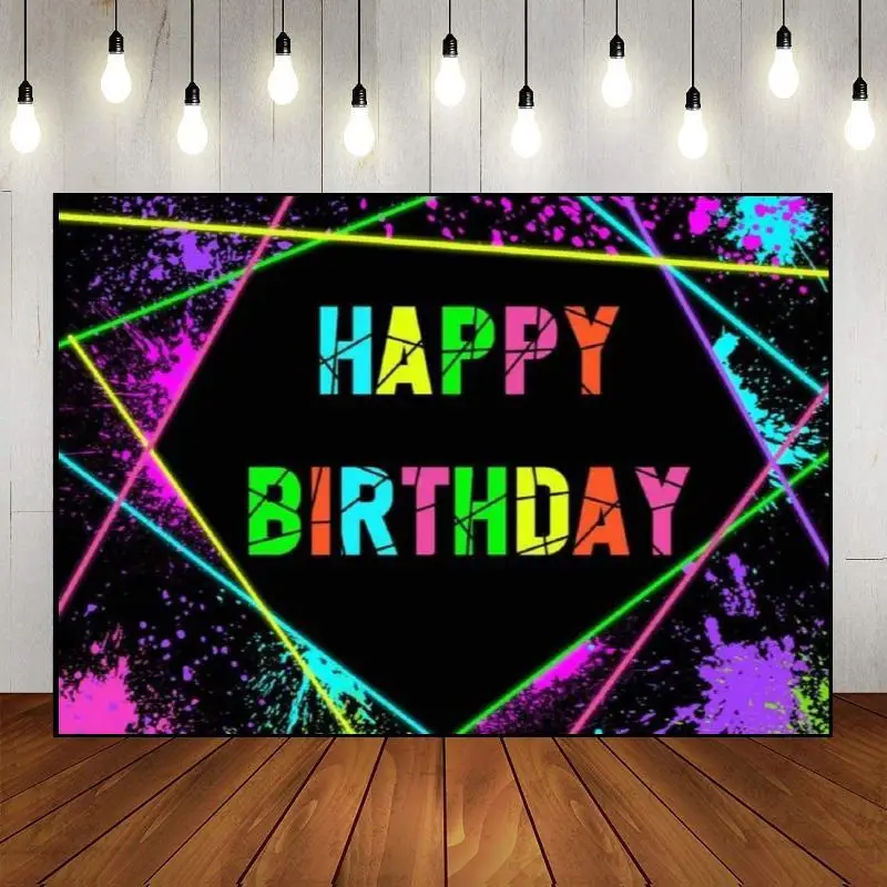 Disco Neno Glow Theme Let's Splat Custom Happy Birthday Party Backdrop Background Colorful Photography Light Baby Shower Banner