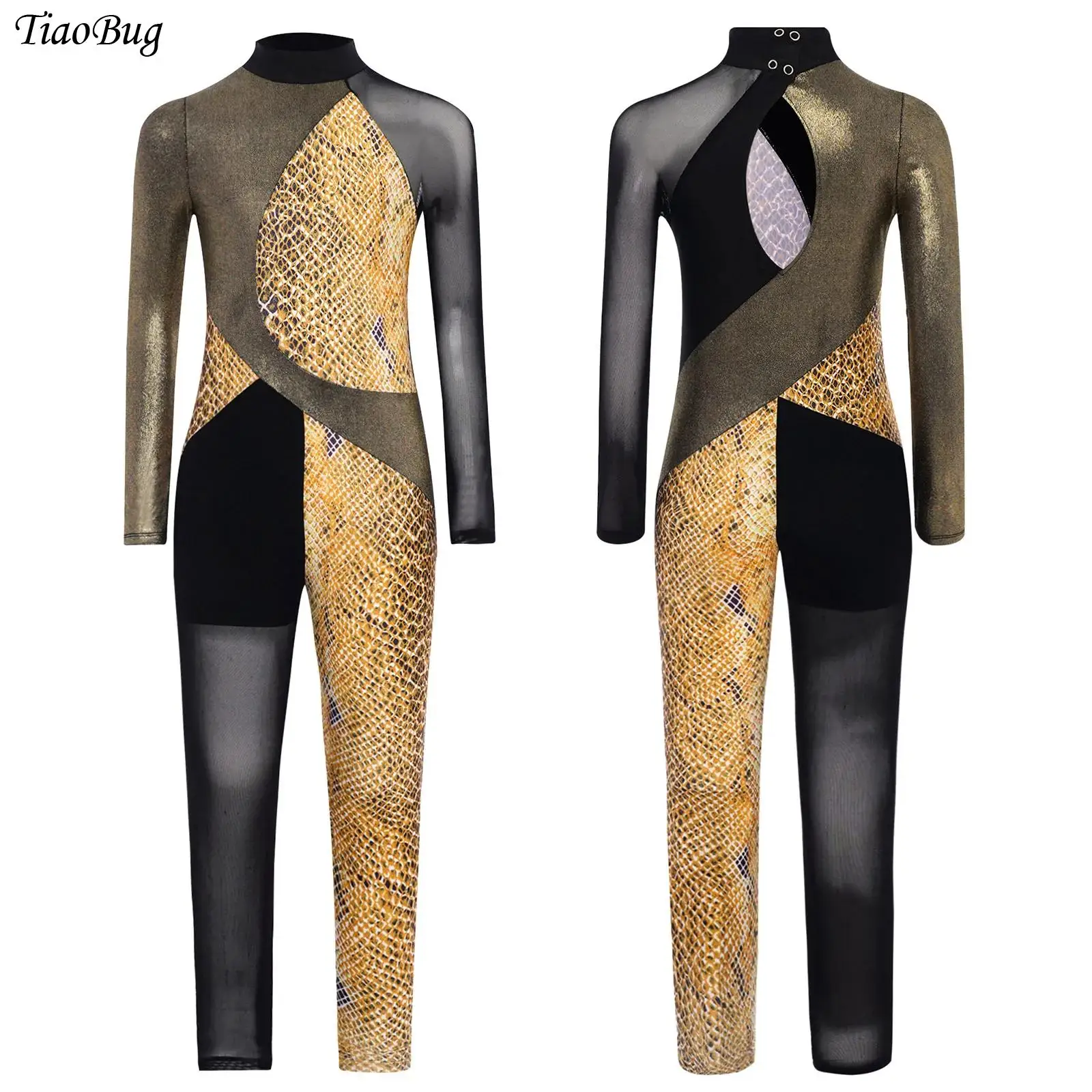 

Kids Girls Metallic Snakeskin Color Block Gymnastics Jumpsuit Sheer Mesh Splice Asymmetrical Long Sleeve Ballet Dance Bodysuit