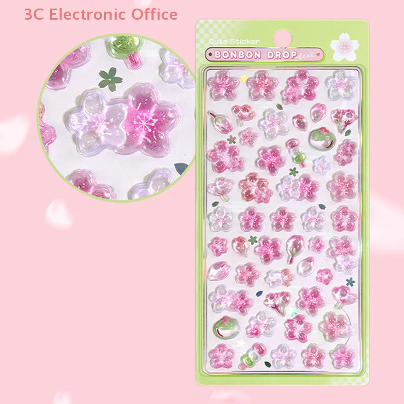 Pink Cherry Blossom 3D Relief Stickers For DIY Diary Decor Hand Account Decorative Journal Scrapbooking Material