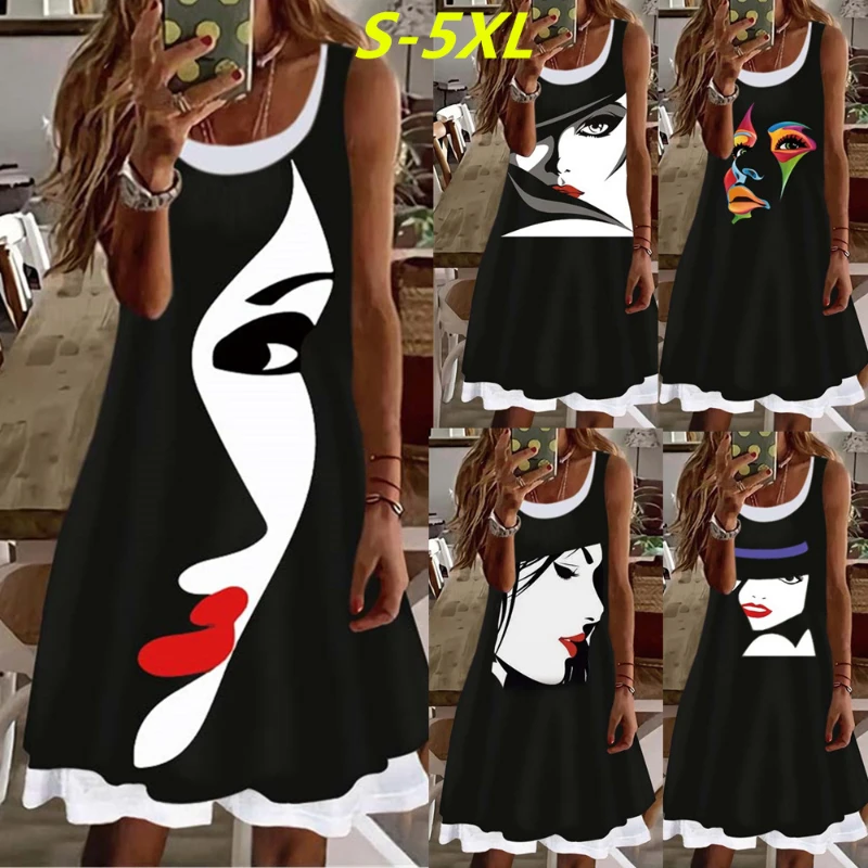 2023 Traf Woman Portrait Abstract 3D Print Knee Length Dress Summer Sleeveless Lady Face A-line Women Dresses Female Clothing