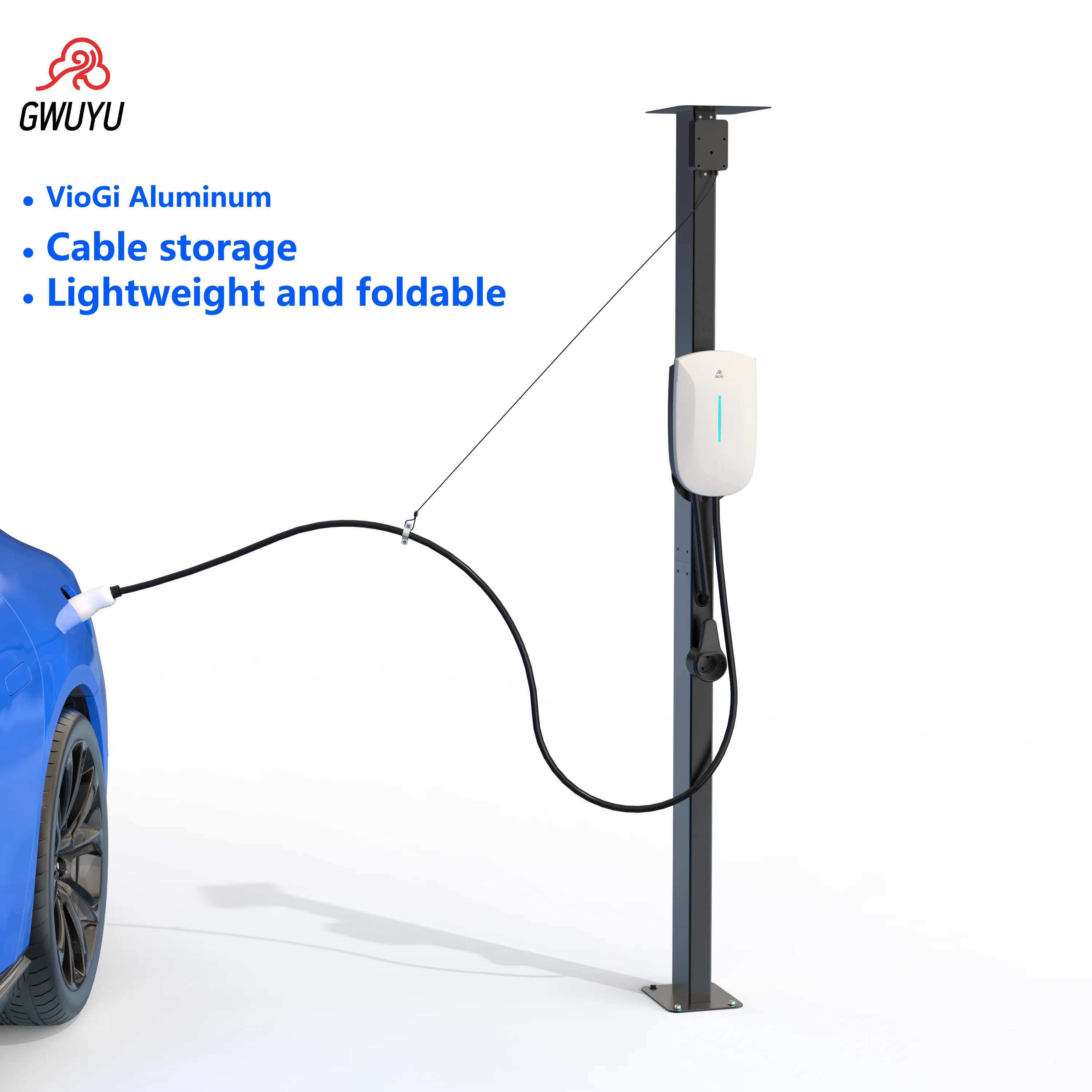 

GWUYU Foldable Aluminum EV Charger Pedestal Stand with Cable Storage - Lightweight Outdoor Mounting Pole for /Type 2 Wallbox