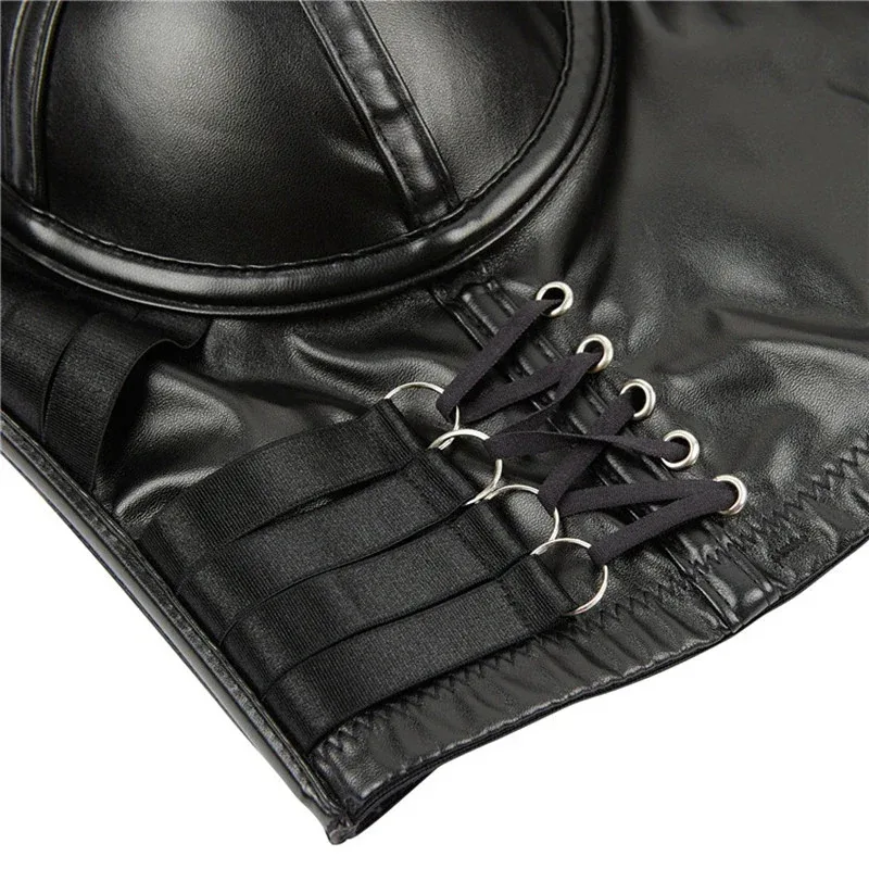 AD1 mujeres corsé crop top gótico leopardo negro imitación cuero push up overbust corsé bustier sujetador con correas moda streetwear @