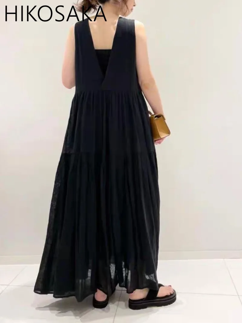 

Spring Summer New Japanese Elegant Casual A-line Dress Women A-line Sleeveless Solid Black Robe Chic Backless Loose Vestidos