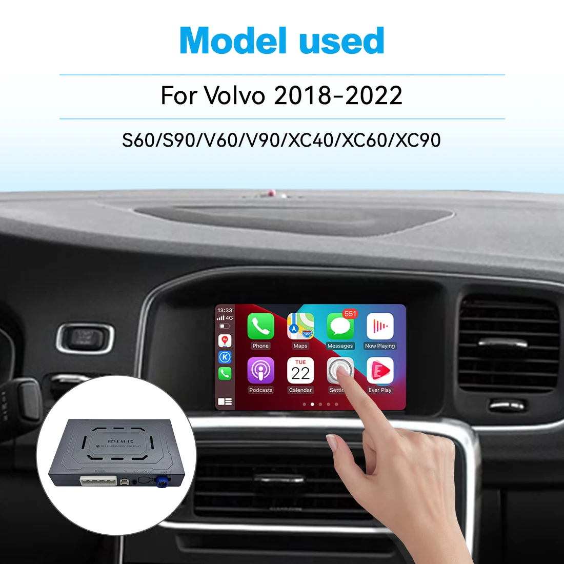 Interfaz Inalámbrica CarPlay JoyeAuto para Volvo 2018-2022 S60/S90/V60/V90/XC40/XC60/XC90, Android Auto Inalámbrico, Mirroring, AirPlay
